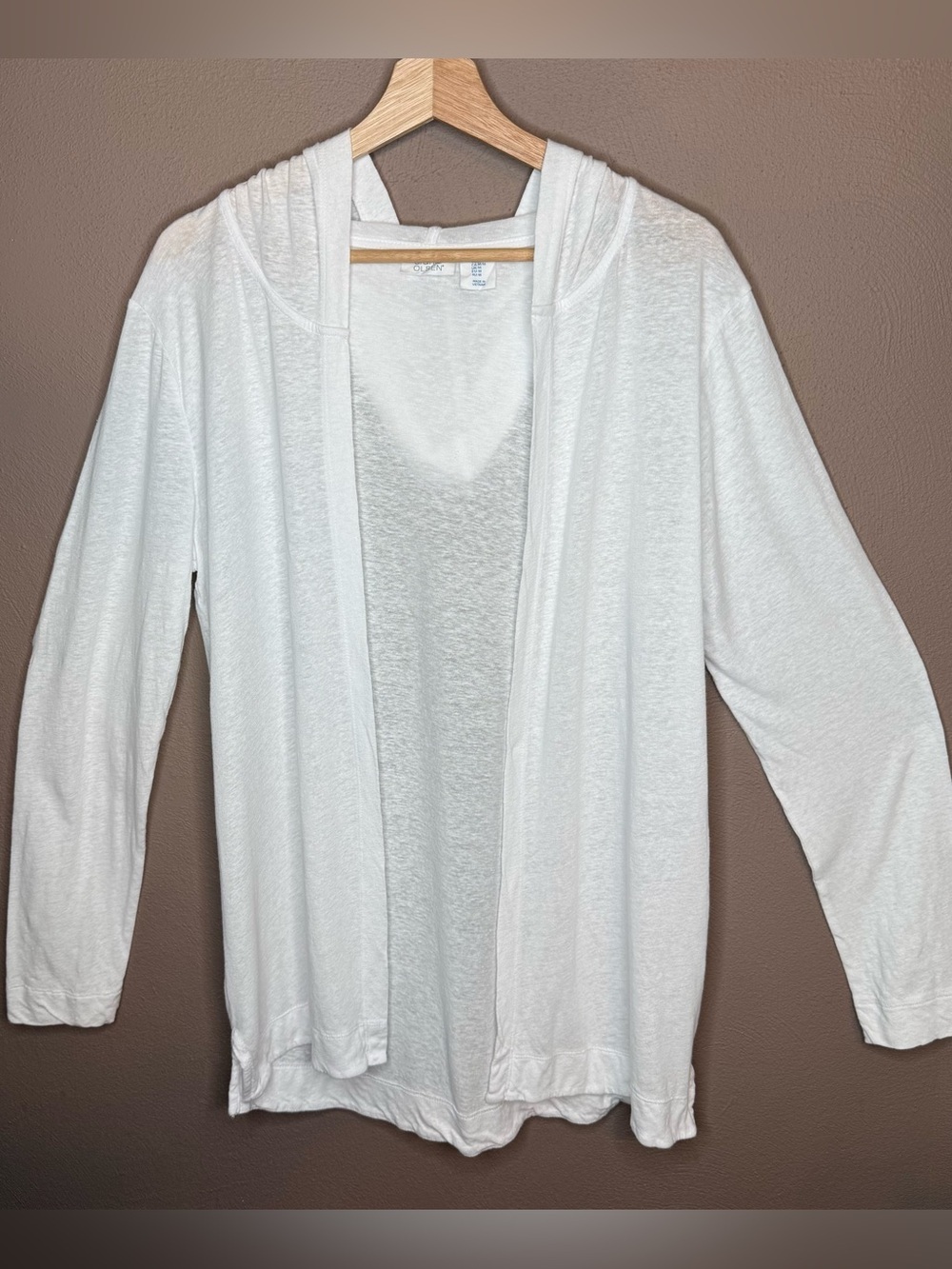 Sigrid Olsen Women's White Linen Hooded Duster Cardigan Open Front Size Medium